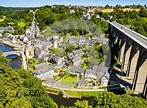 Port of Dinan with gothic bridge and viaduct over the river Rance, Cotes d\'Armor department, Brittany, France
