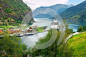 Port Flam with cruise ship. Aurlandsfjord, Norway