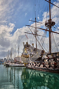 Port of Genoa, Italy with ship replica of a 17th-century Spanish galleon