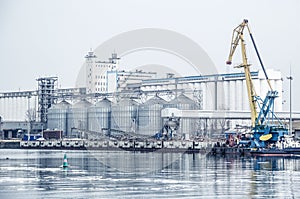 Port grain elevator. The Don river and the port. Industrial zone. Russia, Rostov-on-Don.