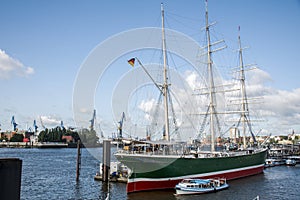 Port Hamburg Germany big sailing boat in Harbor