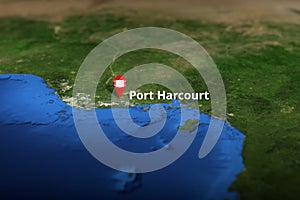 Port Harcourt, Nigeria city geotag with face mask, COVID-19 coronavirus disease quarantine related 3D rendering