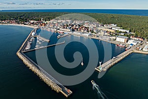 Port hel peniinsula in Poland.. Aerial view of Hel Peninsula in Poland, Baltic Sea and Puck Bay . Hel city .Photo made by drone