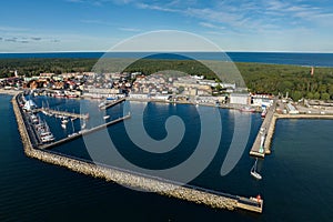 Port hel peniinsula in Poland.. Aerial view of Hel Peninsula in Poland, Baltic Sea and Puck Bay . Hel city .Photo made by drone