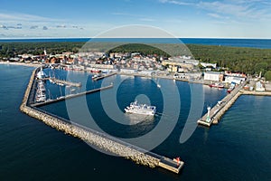 Port hel peniinsula in Poland.. Aerial view of Hel Peninsula in Poland, Baltic Sea and Puck Bay . Hel city .Photo made by drone