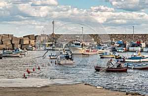 The port of Isola delle Femmine or Island of Women with fishing boats and fishermen at work, province of Palermo, Sicily, Italy