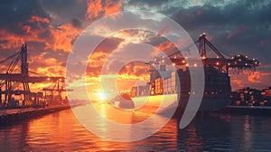 Port Logistic, A serene container ship at a busy port, with dockworkers carefully loading boxes and cargo containers using a