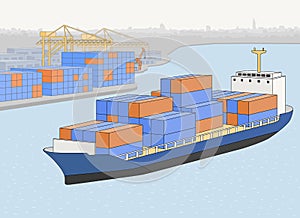 Port logistics with container cargo on ocean ship and cranes