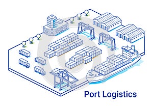 Port logistics isometric linear illustration