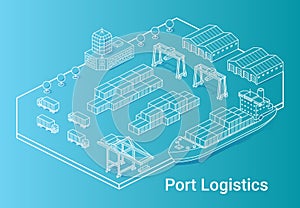 Port logistics isometric linear illustration cyan