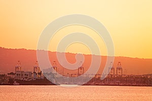 The Port of Long Beach at dusk, view from sea, USA
