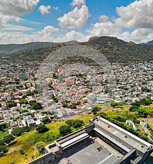 Port Louis aerial skyline with city fortress, Mauritius