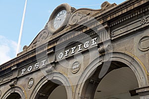 Detail of the facade of the historical main post office building in Port Louis, Mauritius island.