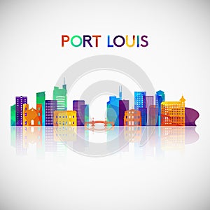 Port Louis skyline silhouette in colorful geometric style.