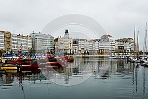 Port marina and buildings in center of Coruna Spain