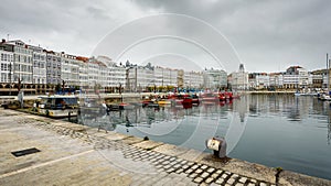 Port marina and buildings in center of Coruna Spain