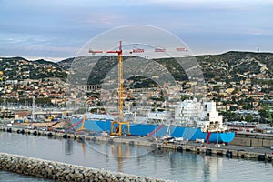 Port in Marseille, ship in dry dock. France