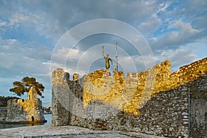 The port of Nafpaktos town and monument over Castle wall, Greece