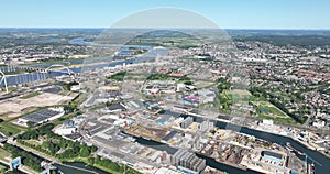 Port of Nijmegen and the city of Nijmegen in the background with the Maas and Waal river.