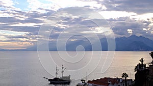 Port in Old City of Antalya or Kaleici in Turkey. Tourist ship arranges tour