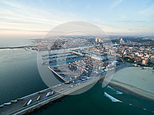 Port in Porto during sunset. Aerial view at sunset