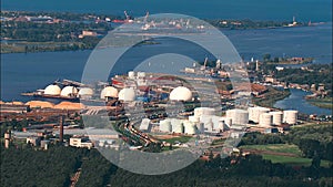 port of Riga seen from above with various piers, terminals, railway and cargo