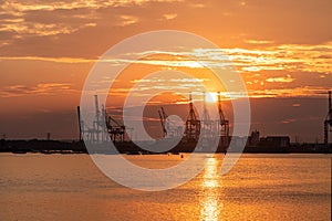 Panamax Shipping cranes at sunset in Southampton, England photo