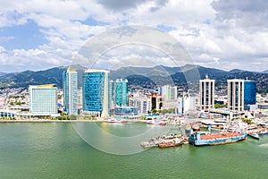 Port of Spain, Trinidad and Tobago - Dec 24 2019: Aerial view of the capital city of a tropical island. Skyscrapers.