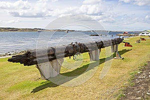 Port Stanley. Falkland islands.  mizzen mast on the embankment.