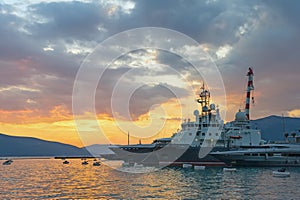 Port in Tivat city at sunset. Montenegro