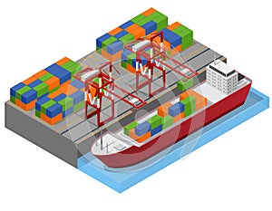 Port Town and Barge Ship Isometric View. Vector