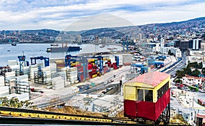 Port of Valparaiso and Ascensor Artilleria Lift at Cerro Artilleria Hill - Valparaiso, Chile
