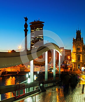 Port Vell with Columbus monument in evening. Barcelona