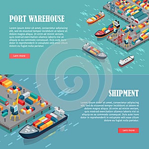 Port Warehouse and Shipment Banner. Vector