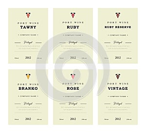 Port wine labels. Vector premium template set. Clean and modern design. Towny, Ruby, Reserve, Branco, Rose, Vintage. Red