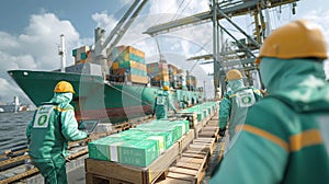 Port Workers Overseeing Cargo Loading onto Container Ship
