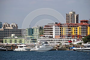 Port with yachts and hotel buildings Nessebar Bulgaria