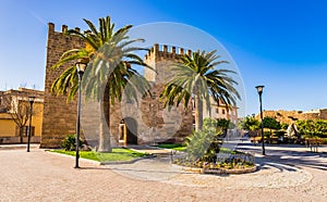 Porta del Moll, historic fortification gate at old town of Alcudia on Mallorca, Spain