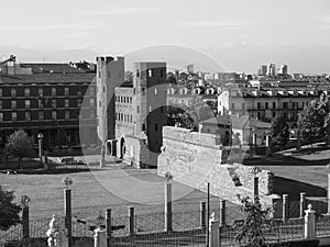 Porta Palatina (Palatine Gate) in Turin in black and white