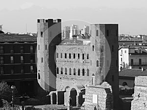 Porta Palatina (Palatine Gate) in Turin in black and white