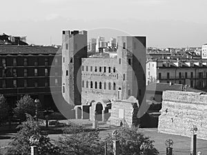 Porta Palatina (Palatine Gate) in Turin, black and white