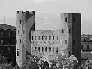 Porta Palatina (Palatine Gate) in Turin, black and white