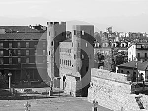 Porta Palatina (Palatine Gate) in Turin, black and white