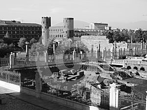 Porta Palatina (Palatine Gate) in Turin, black and white