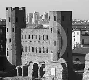 Porta Palatina (Palatine Gate) in Turin, black and white