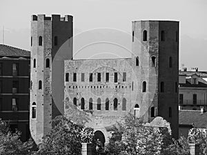 Porta Palatina (Palatine Gate) in Turin, black and white