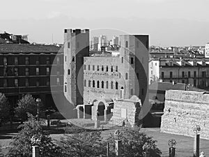 Porta Palatina (Palatine Gate) in Turin, black and white