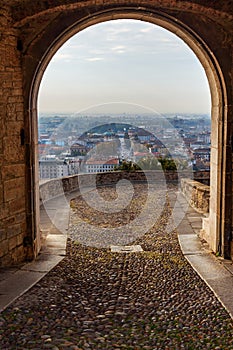 Porta San Giacomo gate to Upper Town Citta Alta. Bergamo. Italy