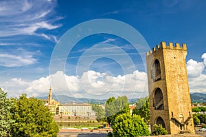 Porta San Niccolo gate tower of defensive walls on Piazza Giuseppe Poggi square in historical centre of Florence