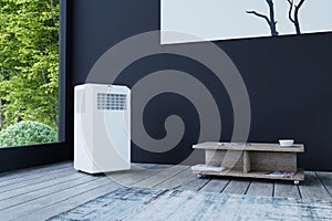 Mobile air conditioner in a black room with a window 3d photo